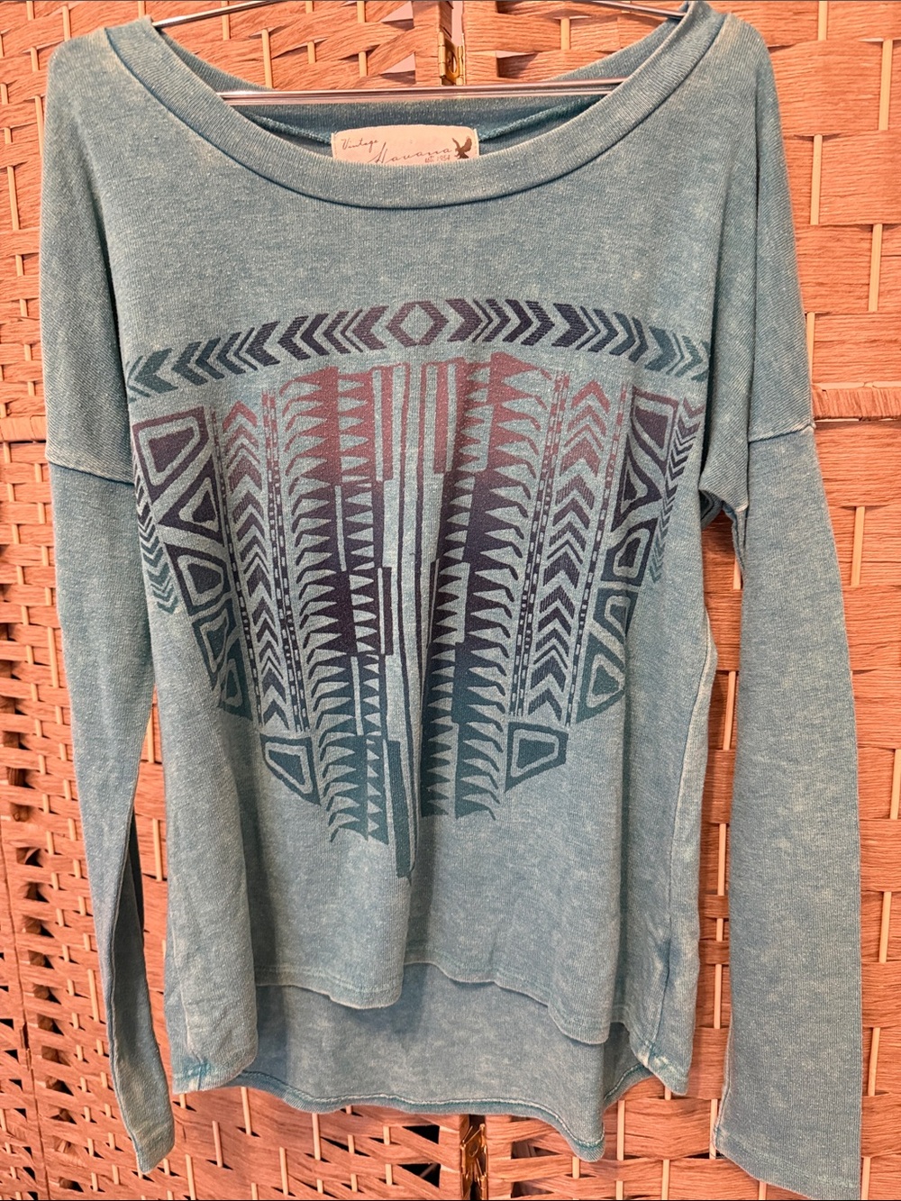 Size M Vintage Havana Teal Washed Geometric Print Long-Sleeve Top